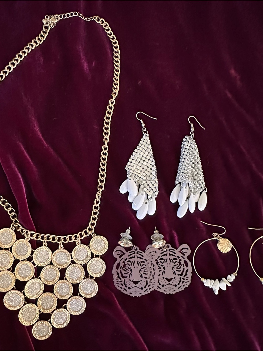 Gold Coin Bib Necklace with a Trio of Earrings